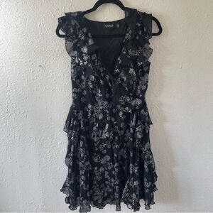 Lauren Ralph Lauren Black and Silver Faux-Wrap
Ruffled Dress